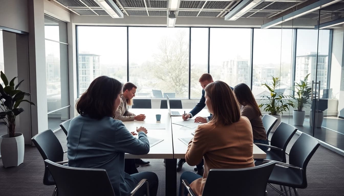 Menschen engagiert in der Personalvermittlung in einem modernen Büro, fokussiert auf den Austausch über Bewerbungen.