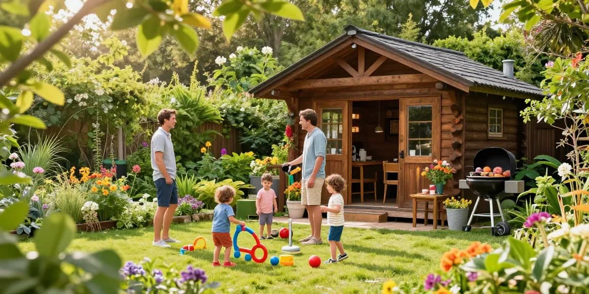 Gartenhaus kaufen: Familien genießen Zeit im blühenden Garten vor ihrem neuen Gartenhaus.