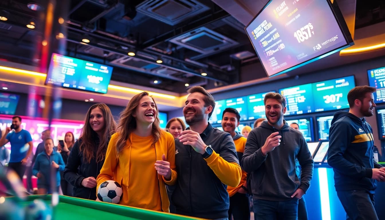 Wettanbieter ohne LUGAS: Menschen genießen Sportwetten in einem modernen Wettbüro.