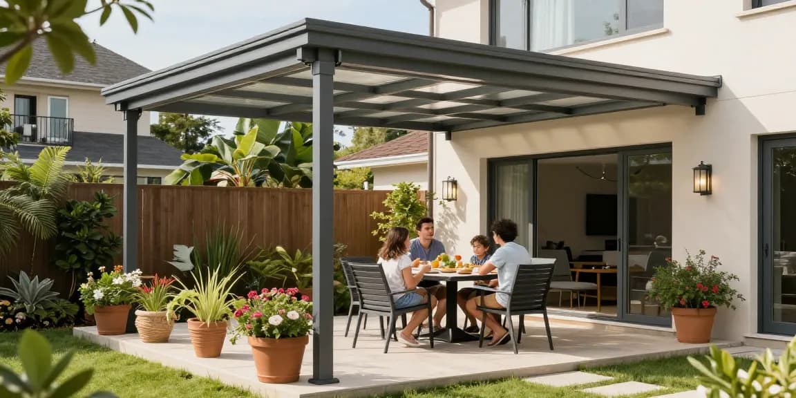 Moderne Terrassenüberdachungen in einem einladenden Garten mit Familie, die im Freien speist.