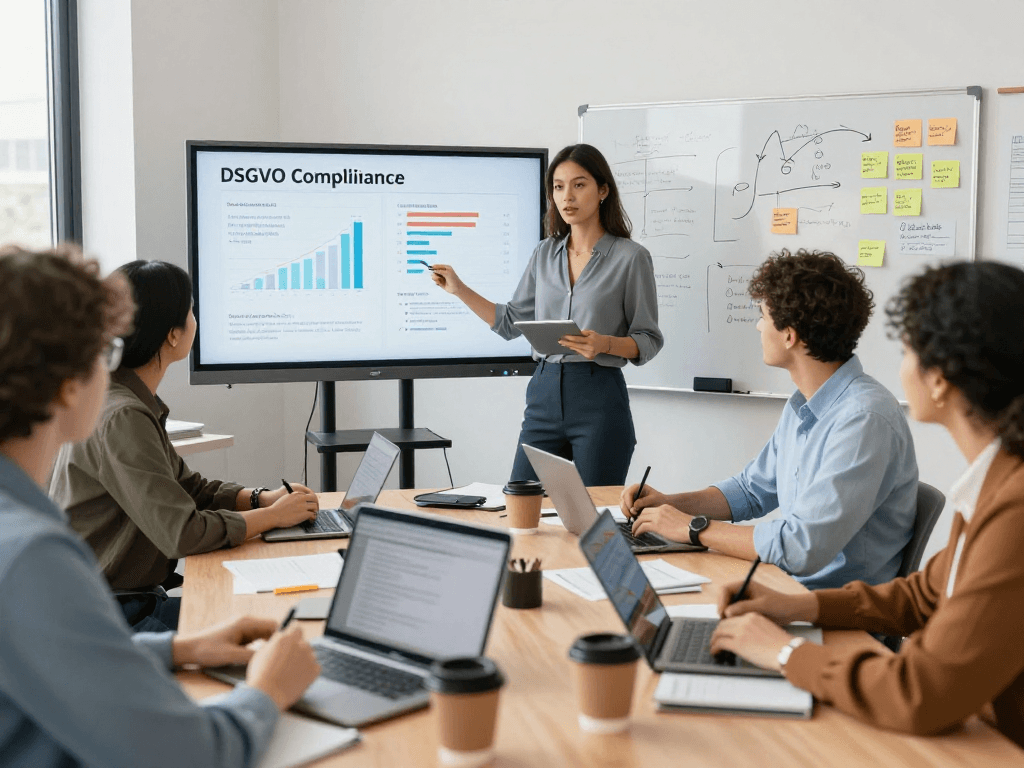 Ein Team diskutiert Wissen / Blog-Hub zu DSGVO-konformen B2B-Leads in einem modernen Büro.