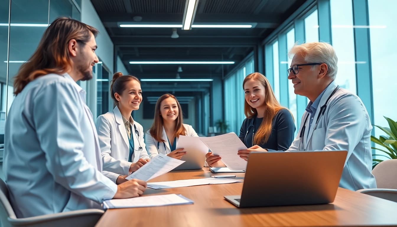 Healthcare professionals strategizing to pflegedienst gründen in a modern office environment.