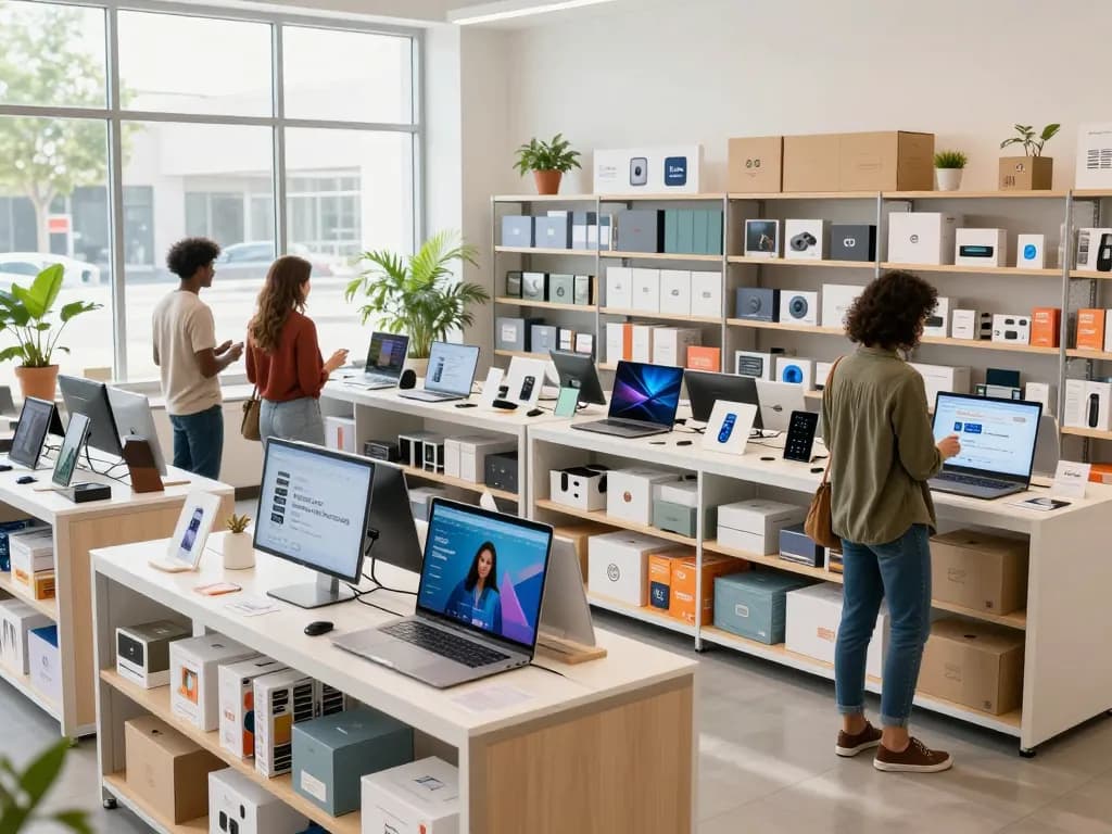 Sofort lieferbar Einkaufserlebnis in modernem Showroom mit einer Vielzahl ausgestellter Produkte und einer Person, die stöbert.