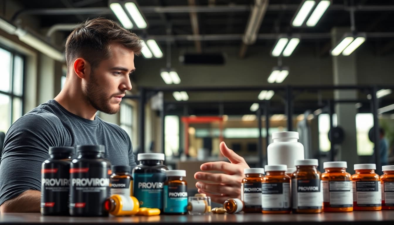 Proviron kaufen mit verschiedenen Supplementen auf einem Gym Tisch analysiert.