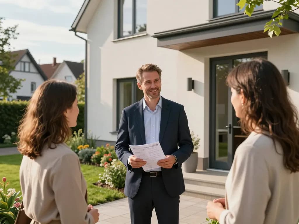 Immobilienmakler Frankfurt Ginnheim begrüßt Kunden am modernen Eingangsbereich einer Immobilie und zeigt professionelle Immobilienservices.