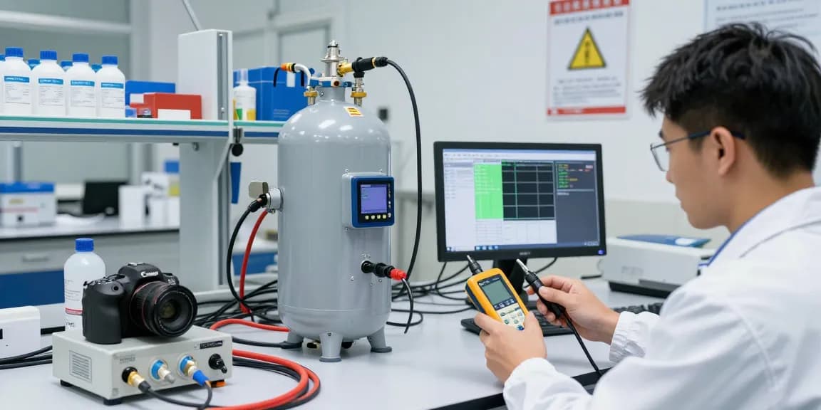 Stickstoff Lecksuchgerät wird in einem industriellen Labor von einem Techniker verwendet und zeigt präzise Daten.