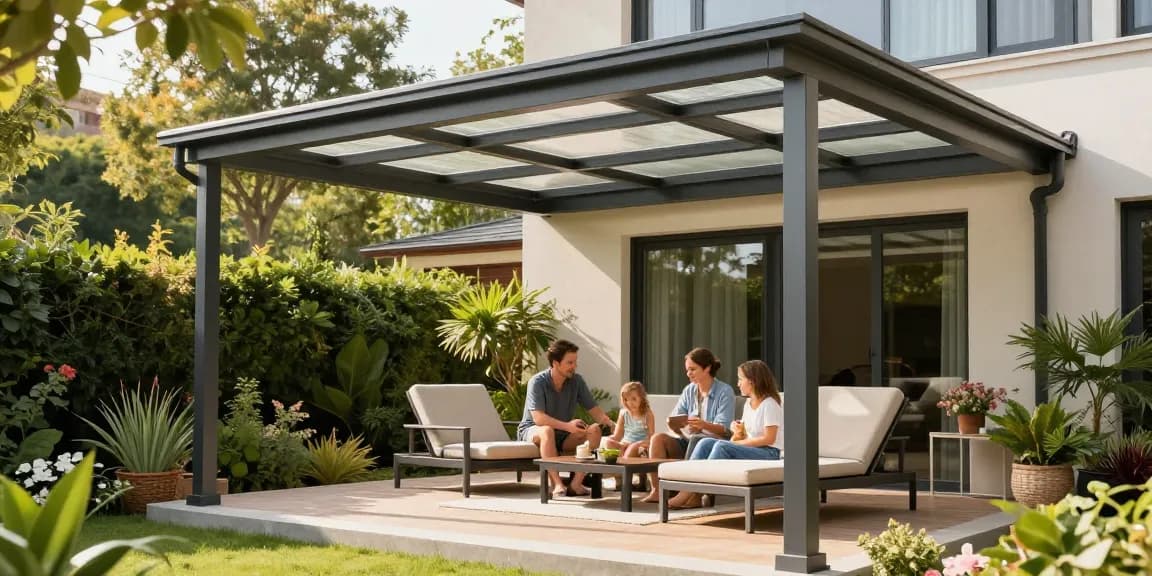 Moderne Terrassenüberdachung mit Familie im Freien, gemütliche Sitzgelegenheiten und grüner Umgebung.
