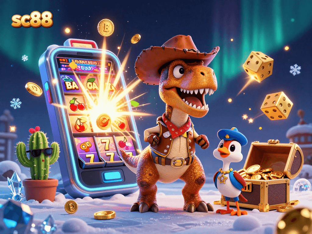 Spin the reels at sc88 with a colorful casino setting featuring a T-Rex cowboy, cactus, and roadrunner!