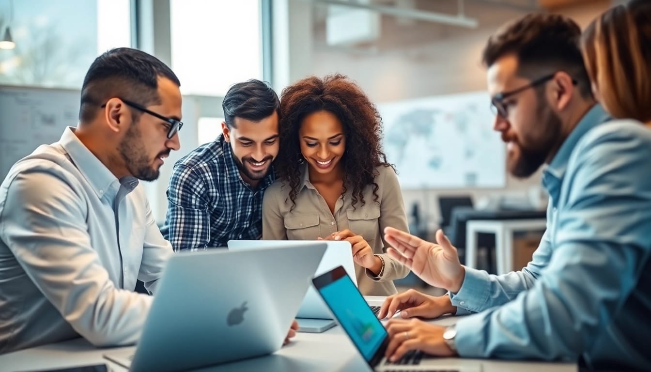 IT Dienstleister im modernen Buero mit einem Team, das an Technologieloesungen arbeitet.