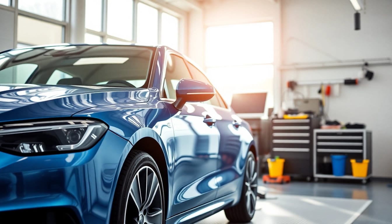 Leasing Aufbereitung Preise München: Glänzendes Leasingfahrzeug in einem professionellen Autoaufbereitungszentrum mit modernen Reinigungswerkzeugen.