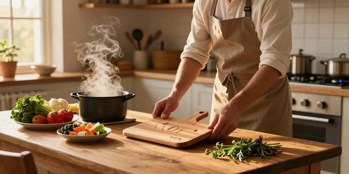 Eleganter Topfuntersetzer aus Holz auf einem rustikalen Küchentisch mit frischen Gerichten und Kochutensilien.