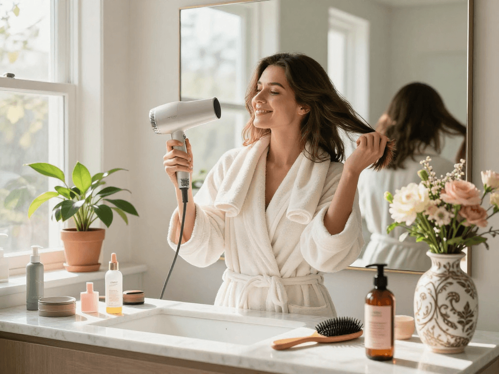 Young woman using a mini blow dryer in a beautifully lit bathroom, surrounded by hair products.