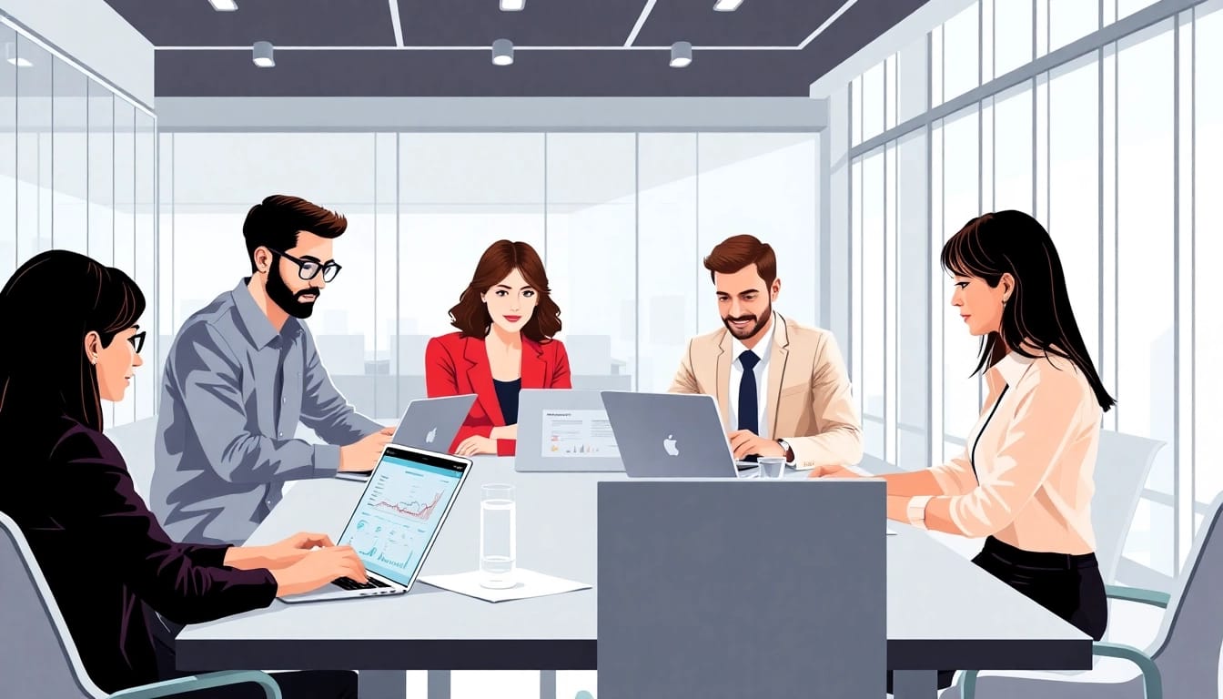 Professionals engaged in Unternehmensberatung discussions, showcasing teamwork and strategic planning in a modern office.