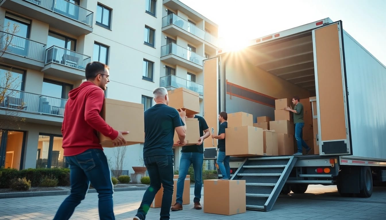Umzugsunternehmen Speyer load moving boxes into a truck outside a modern residential building.
