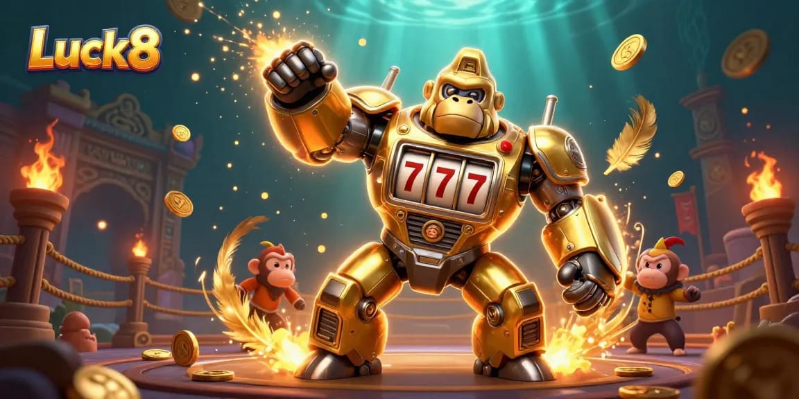 Luck8 transforms online gaming with excitement as a golden gorilla mech unleashes jackpots and thrills.