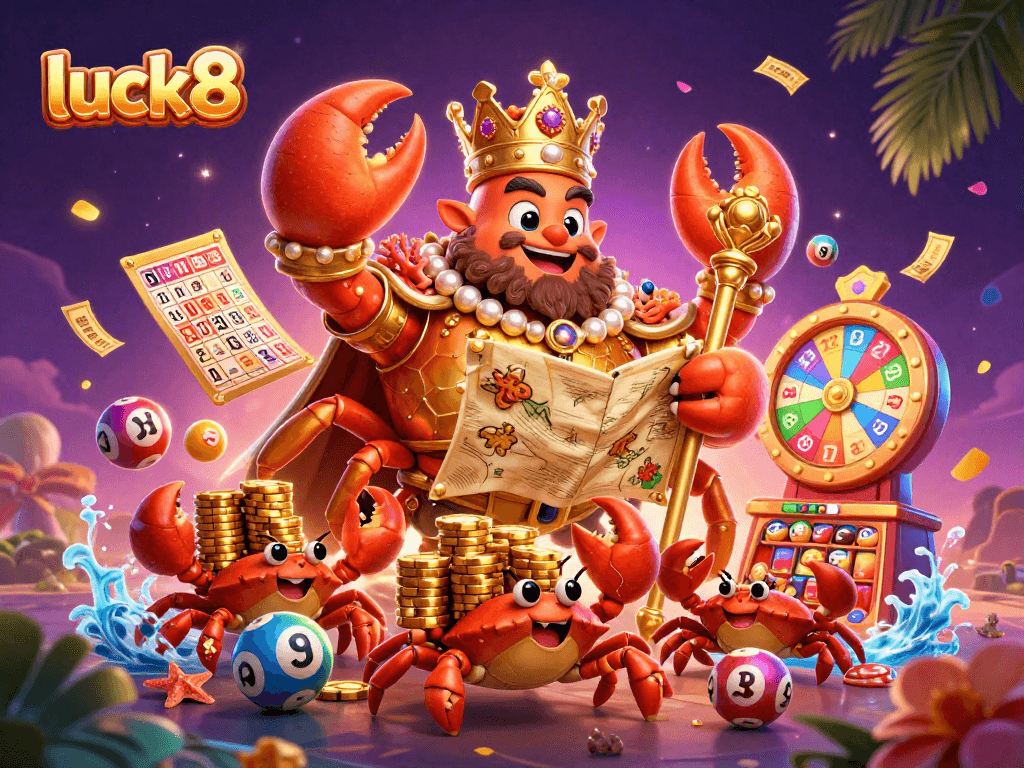 Engage in thrilling lottery adventures with the luck8 mascot, a golden crab in a lively casino scene.