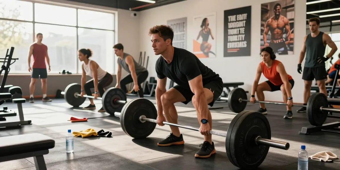 Dynamische Trainingseinheit, die den Einfluss des Anabolika Shops Deutschland auf die Muskelleistung in einem lebhaften Fitnessstudio zeigt.