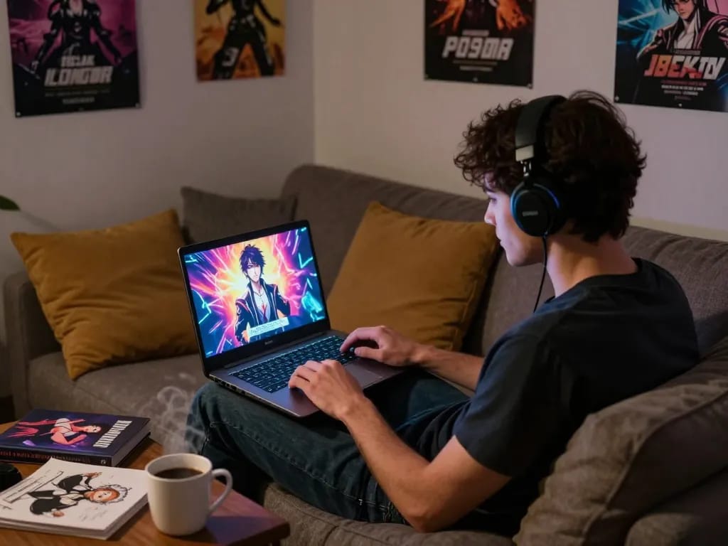 Player enjoying html sex games on a cozy couch with ambient lighting.