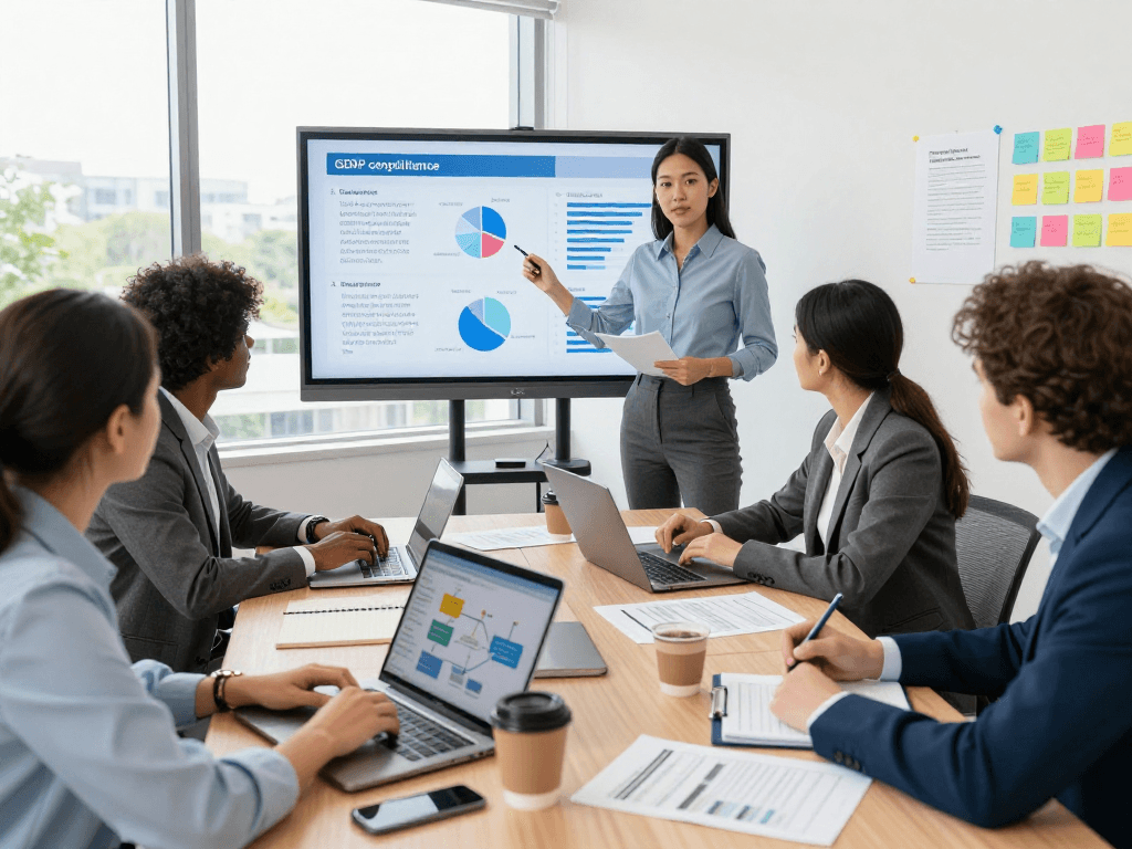 Collaborative professionals enhancing Wissen / Blog-Hub in a meeting about GDPR compliance and data protection strategies.