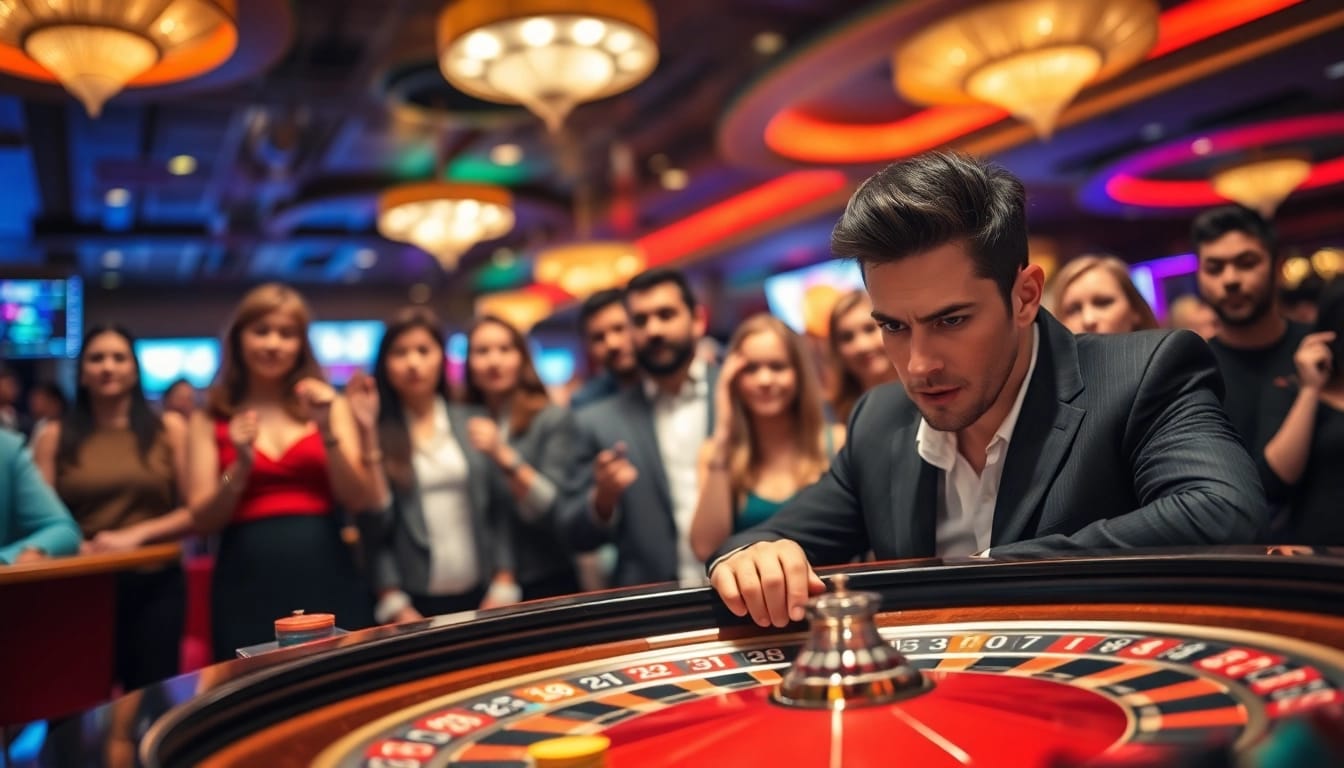 Erlebe die Spannung bei casinospielen.de mit einem Spieler am Roulette-Tisch, umgeben von jubelnden Zuschauern.
