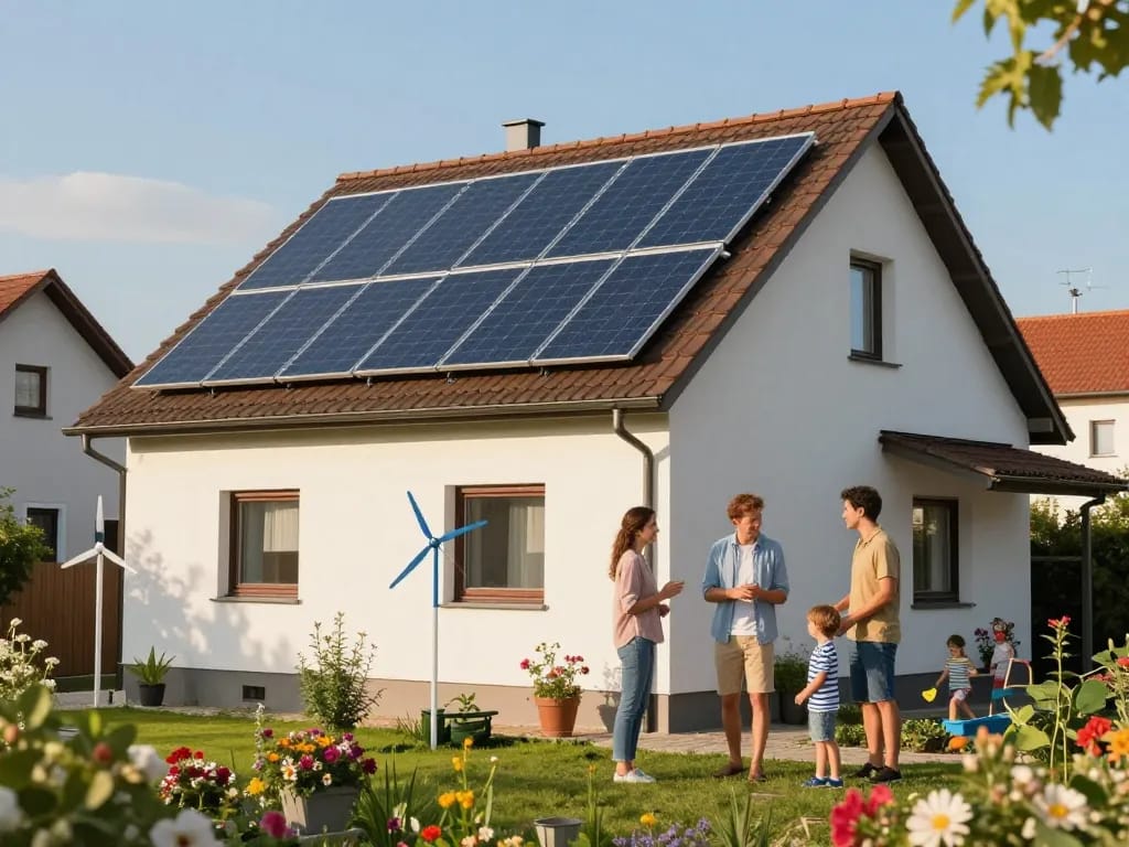 Photovoltaik Bayern Solarpanels auf einem bayerischen Haus mit einer glücklichen Familie, die die Vorteile von grüner Energie genießt.