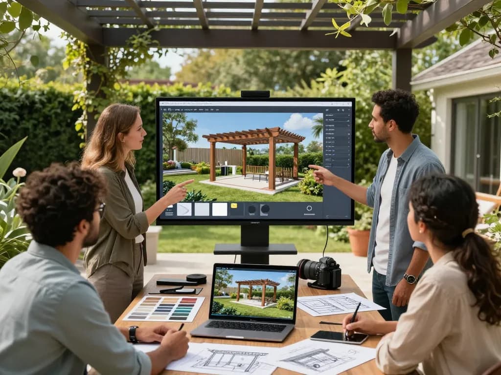 Engagiertes Team nutzt den Pergola Konfigurator in einer üppigen Gartenumgebung, um maßgeschneiderte Außenstrukturen zu entwerfen.