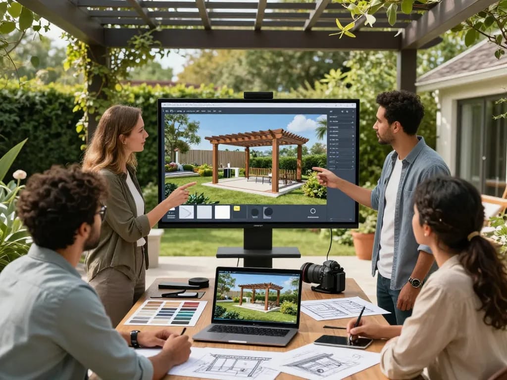 Engagiertes Team nutzt den Pergola Konfigurator in einer üppigen Gartenumgebung, um maßgeschneiderte Außenstrukturen zu entwerfen.