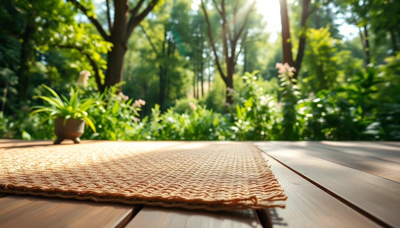 Hanfmatte auf natürlichem Holz mit Grün und Sonne, die natürlichen Komfort betont.