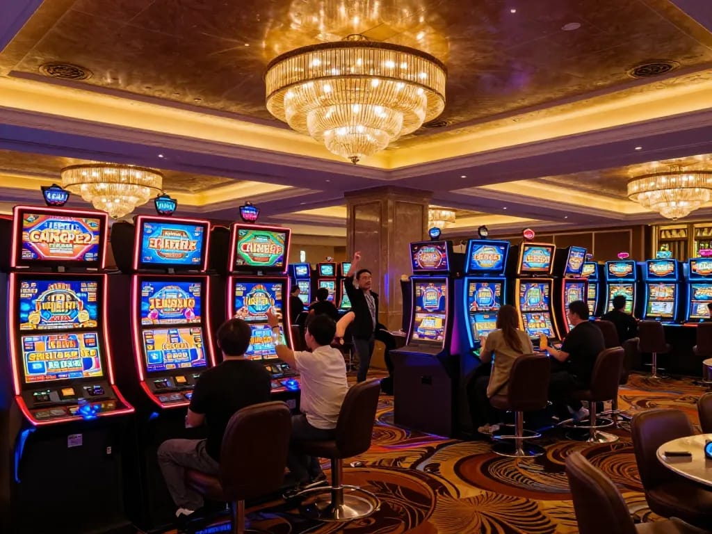 Engaging gamblers at vibrant slot machines in an upscale casino, capturing the essence of kèo nhà cái and excitement