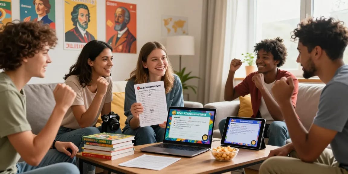 Interactive gathering for Quiz Allgemeinwissen in a cozy living room, showcasing friends participating in an engaging trivia game.