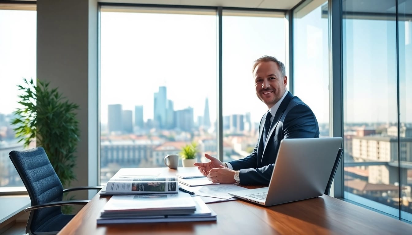 Immobilienmakler Frankfurt Eschersheim berät Kunden in einem modernen Büro mit Blick auf die Skyline.