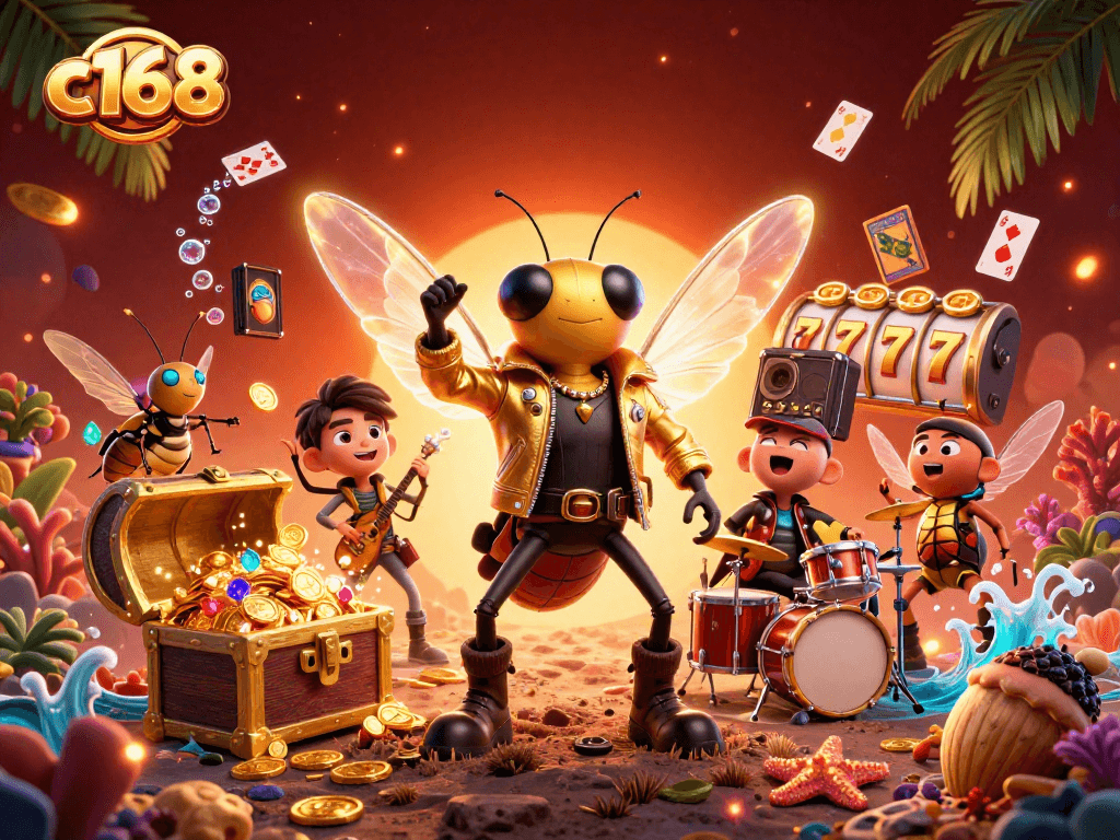 c168 features a unique casino scene with a rock star cicada and vibrant game elements