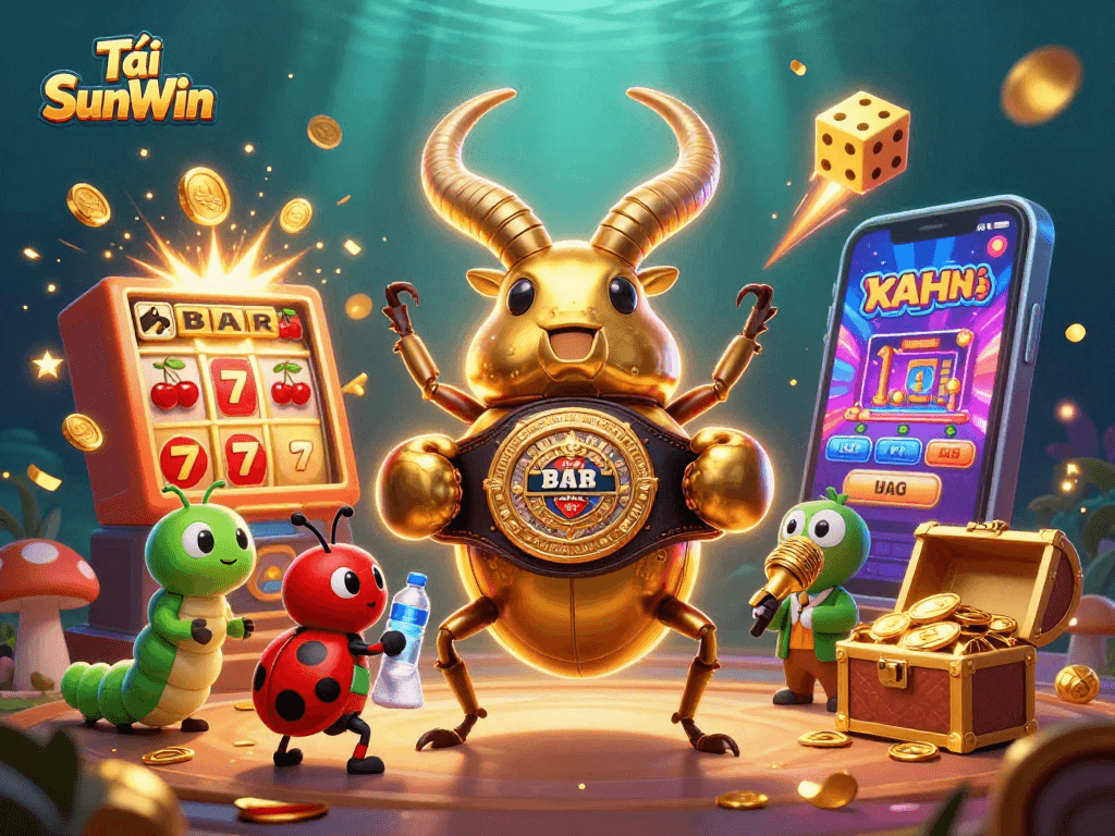 Tải SunWin showcases a vibrant 3D scene with a golden stag beetle boxer and dynamic casino elements exploding in excitement.