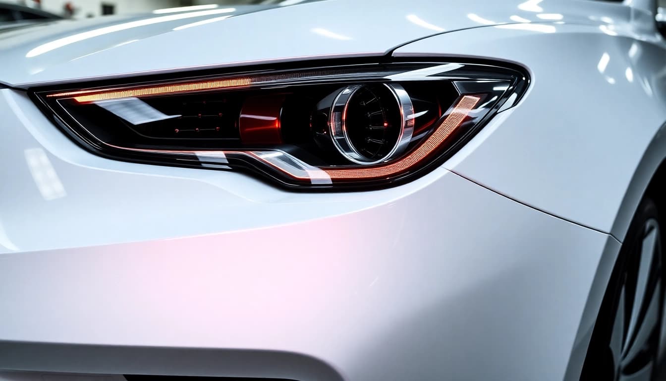 Keramikversiegelung München: Ein strahlend glänzendes Auto in einer professionellen Werkstatt.