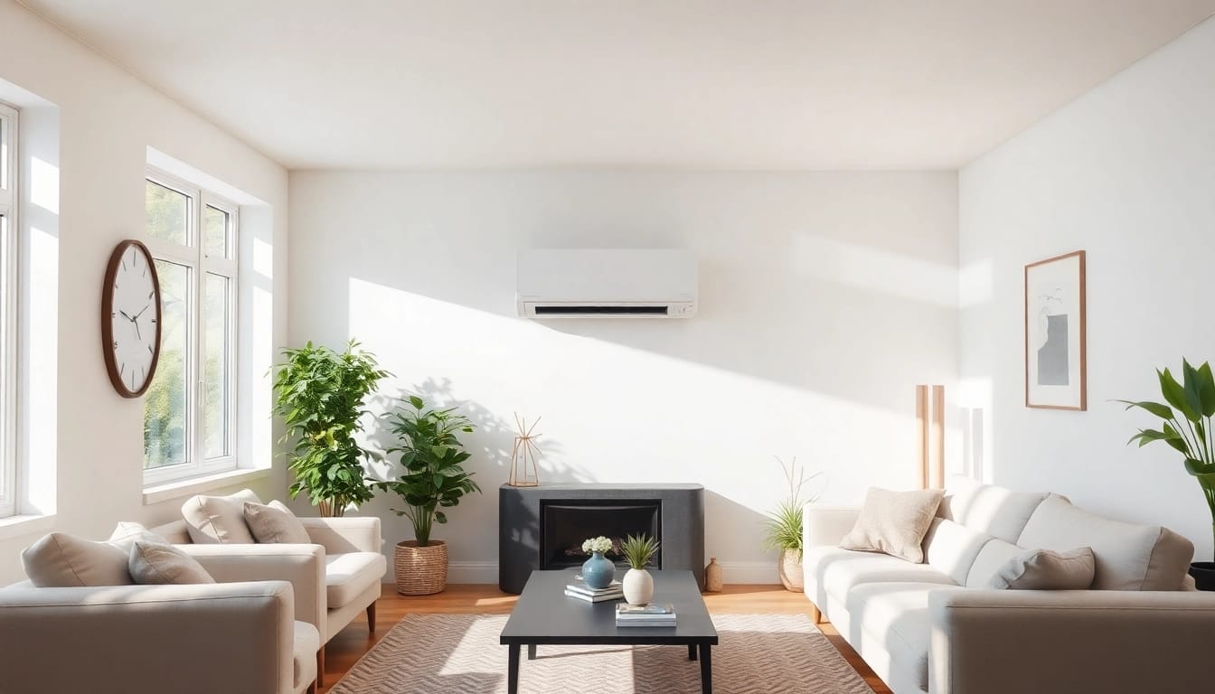 Klimaanlagen installieren lassen in einem stilvollen Wohnraum mit natürlichem Licht und moderner Einrichtung.