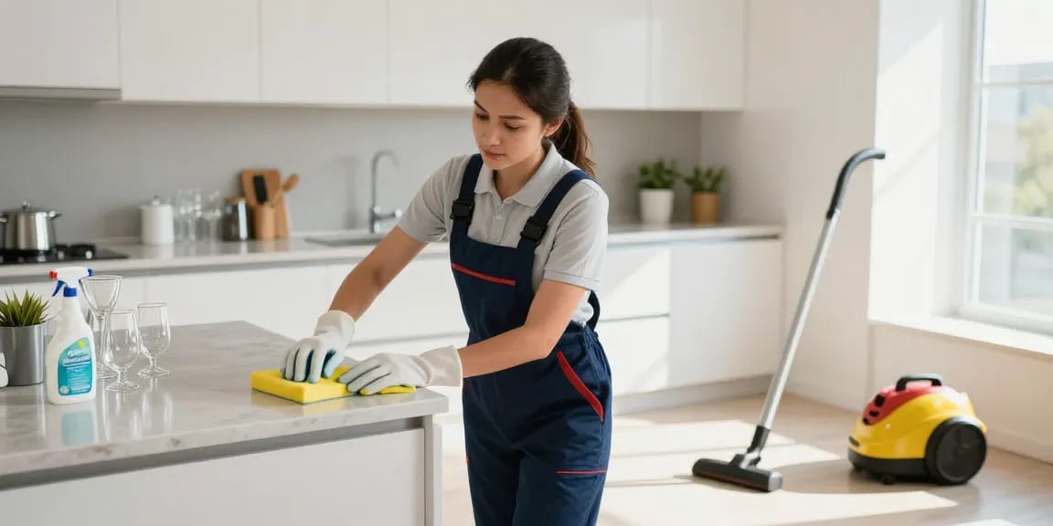 Professional cleaner at putzinstitute bern cleaning a bright kitchen.