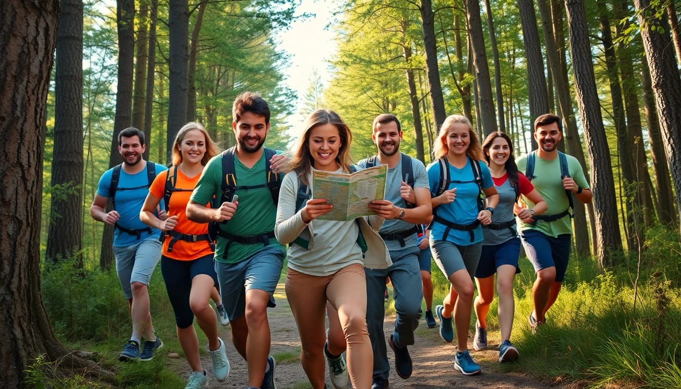 Teilnehmer des Wetziker OL Challenge laufen dynamisch durch den Wald, ausgestattet mit Karten und Kompassen.