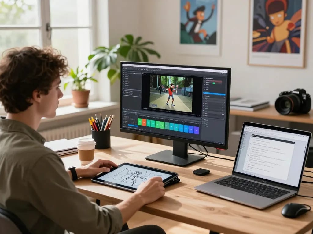 Kling 2.6 motion control workspace with digital artist using advanced tools for animation, showcasing creativity in tech.