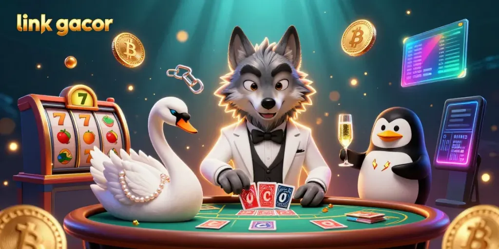 Engage with link gacor featuring a sophisticated casino scene with cartoon characters at a baccarat table.
