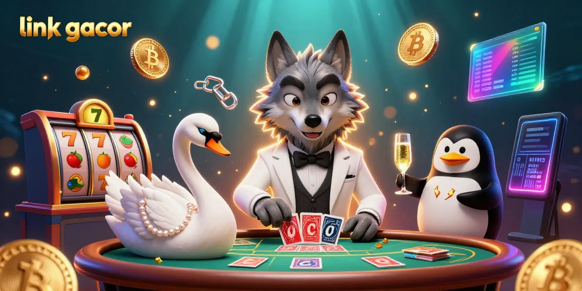 Engage with link gacor featuring a sophisticated casino scene with cartoon characters at a baccarat table.