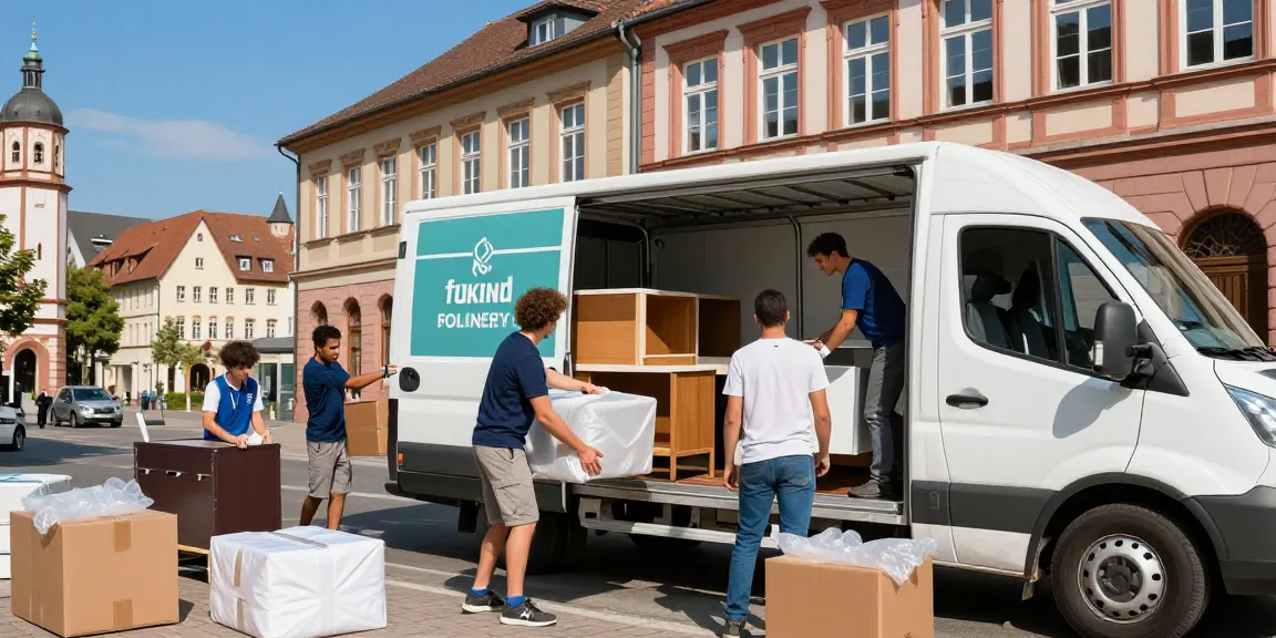Umzugsunternehmen Speyer: Professionelles Umzugs-Team lädt Möbel in einen modernen Umzugswagen vor der historischen Kulisse der Stadt.