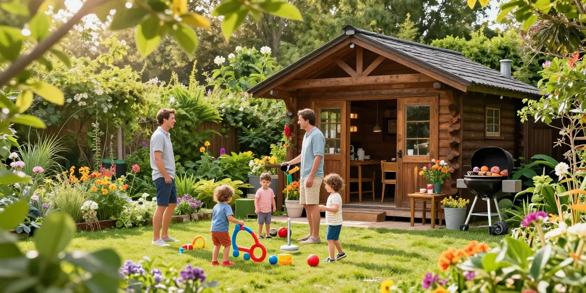 Gartenhaus kaufen: Familien genießen Zeit im blühenden Garten vor ihrem neuen Gartenhaus.