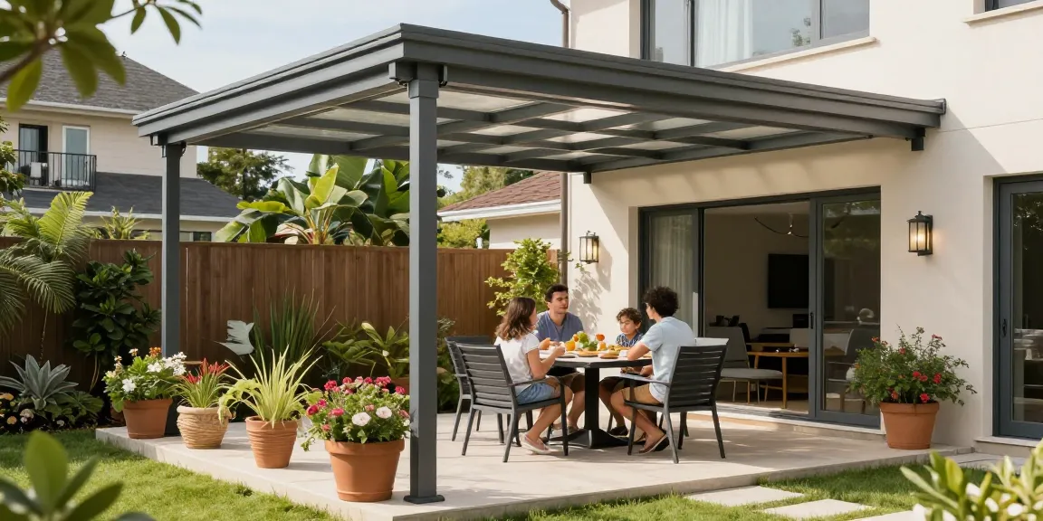Moderne Terrassenüberdachungen in einem einladenden Garten mit Familie, die im Freien speist.