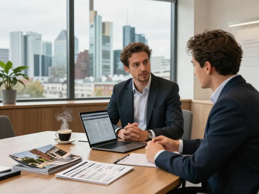 Bester Immobilienmakler Frankfurt bei der Beratung eines Kunden in modernem Büro mit Blick auf die Frankfurter Skyline.