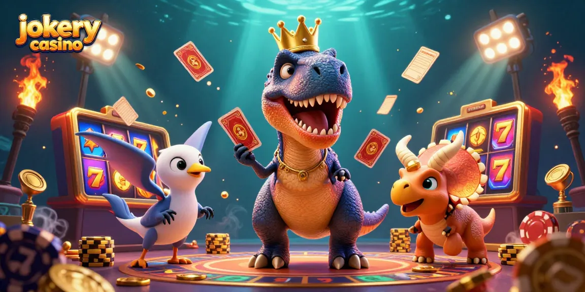 Join the fun at jokery casino with an enchanting 3D scene showcasing playful cartoon dinosaurs in action.