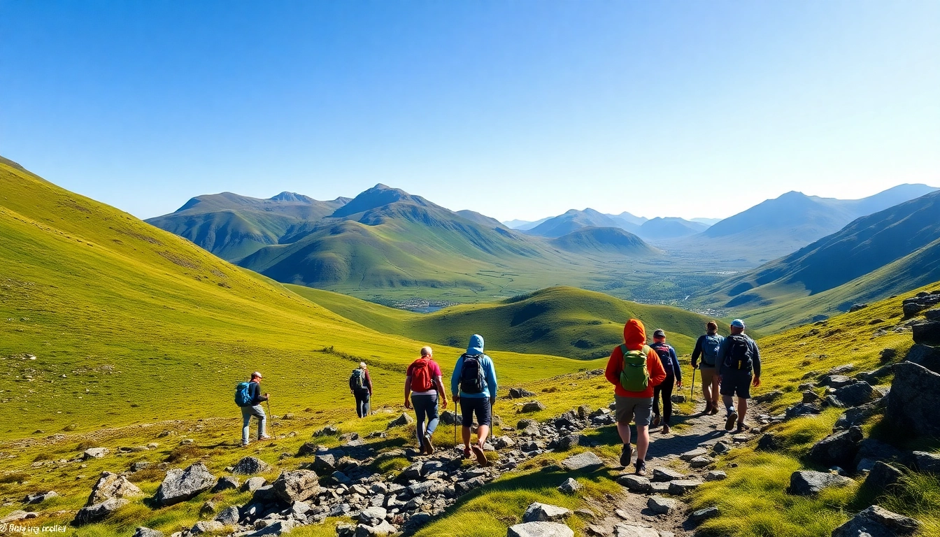 Hiker group enjoying the breathtaking Wicklow Way Irland with lush hills and picturesque landscape.
