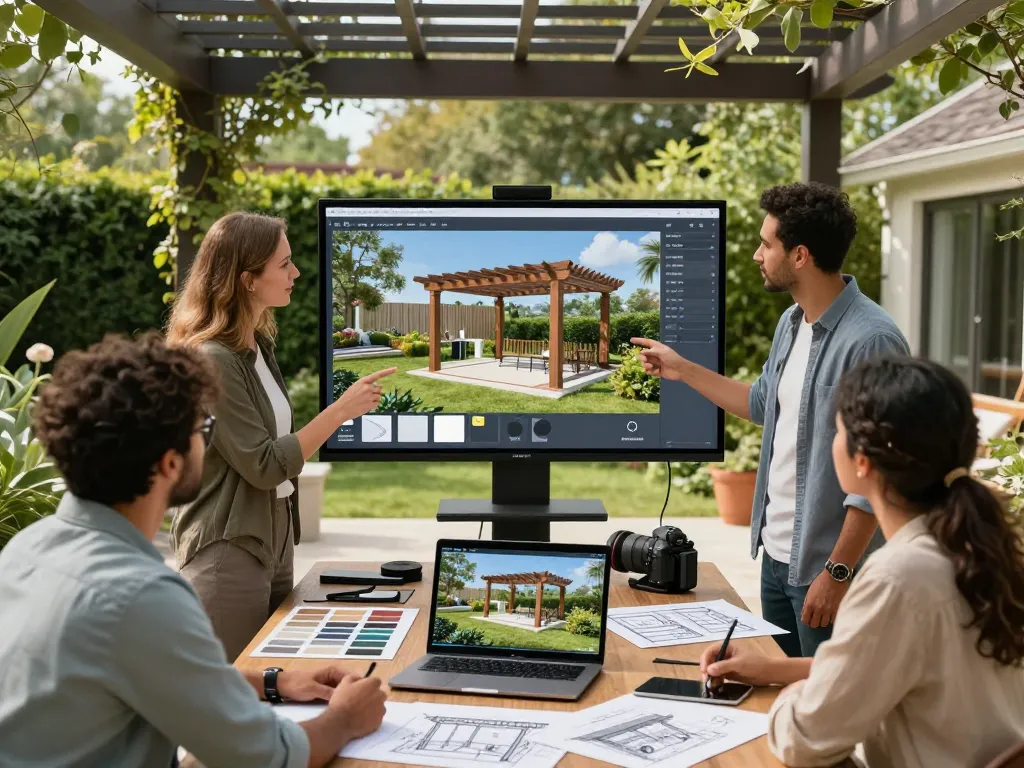 Engagiertes Team nutzt den Pergola Konfigurator in einer üppigen Gartenumgebung, um maßgeschneiderte Außenstrukturen zu entwerfen.