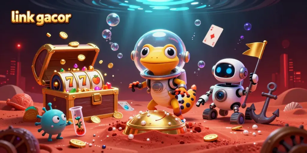 Engage with link gacor in this vibrant 3D scene showcasing a Martian gecko uncovering a golden casino.