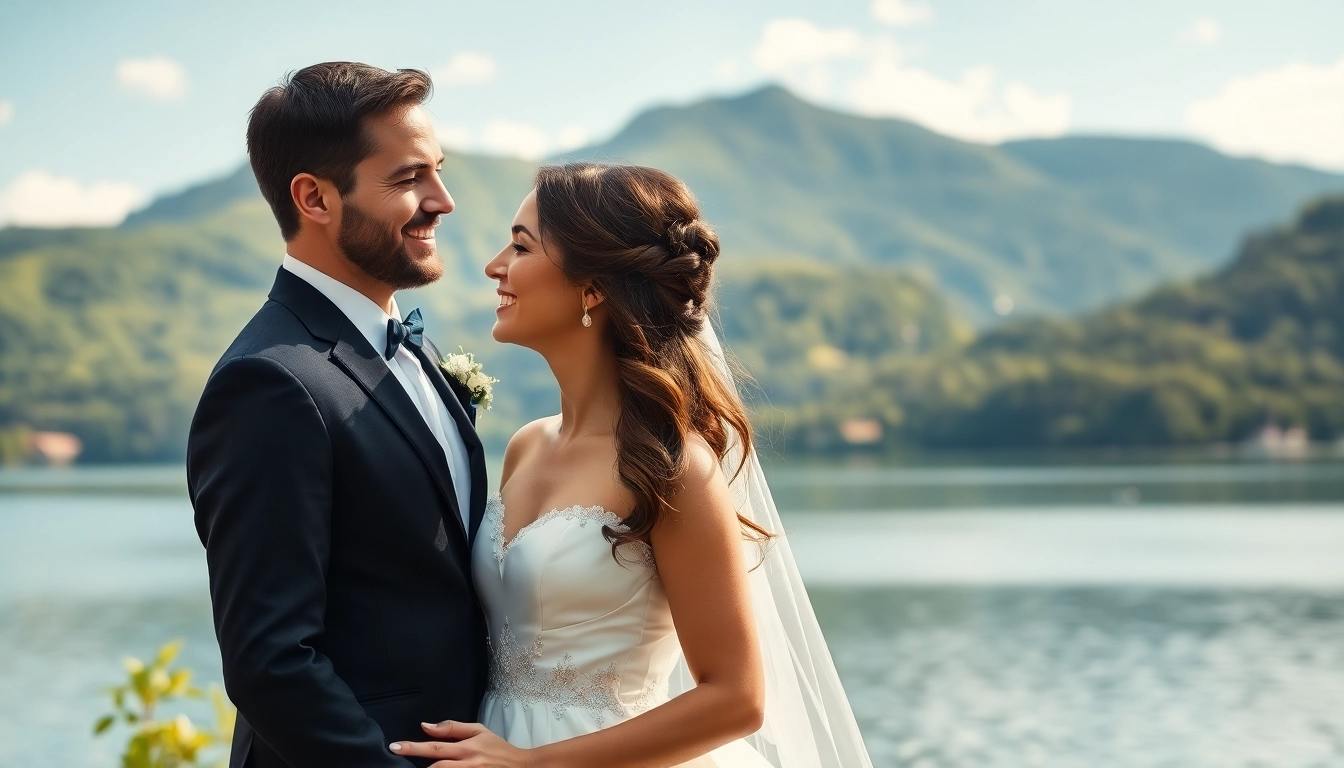 Hochzeitsfotograf Tegernsee dokumentiert glückliches Paar vor dem Tegernsee.