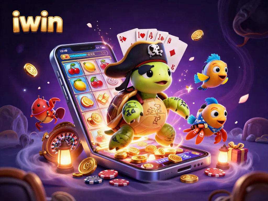 Win big with iwin: 3D scene showcasing a pirate turtle, crab, and fish among casino treasures and games.
